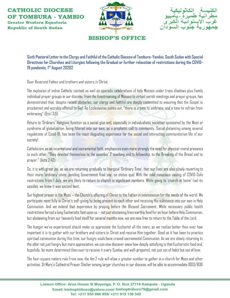 Sixth Pastoral Letter to the Clergy and Faithful of the Catholic Diocese of Tombura-Yambio, South Sudan with Special Directives for Churches and Liturgies following the Gradual or further relaxation of restrictions during the COVID-19 pandemic, 1st August 20202