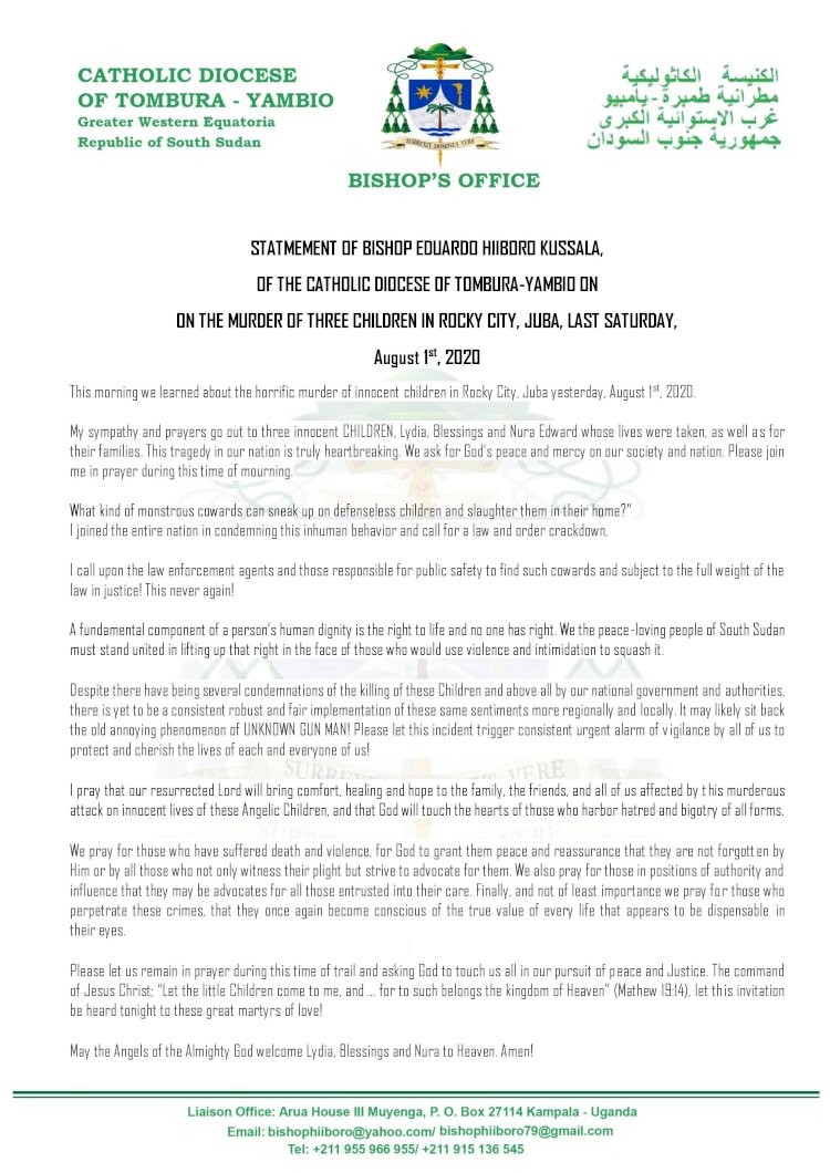 STATMEMENT OF BISHOP EDUARDO HIIBORO KUSSALA,  OF THE CATHOLIC DIOCESE OF TOMBURA-YAMBIO ON ON THE MURDER OF THREE CHILDREN IN ROCKY CITY, JUBA, LAST SATURDAY,  August 1st, 2020